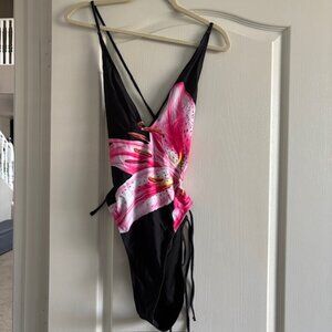 NEW Womens Plunging One Piece Swimsuit Backless Cross Tie High Cut SZ L